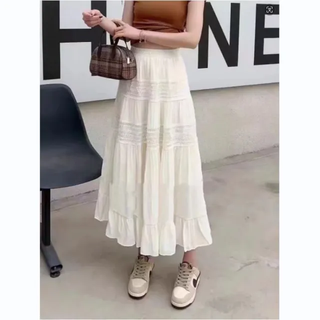 Lace Stitching High Waist A Line Skirt Cake Dress Umbrella Skirt Apricot Long Skirt - Shop at LoveMi