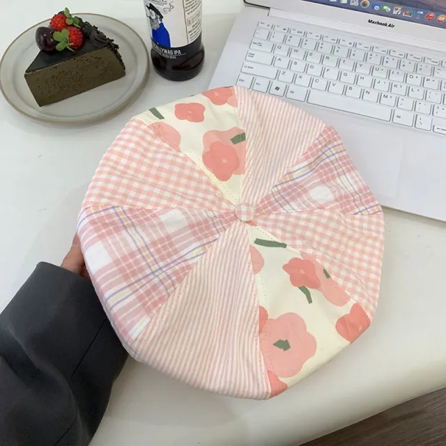 Japanese style Blue Plaid Patchwork Beret Pink - Shop at LoveMi