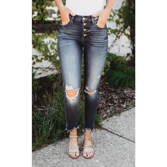 New Women's High elastic Ripped Button Slim fitting Mid waist Jeans 8086 Dark Blue - Shop at LoveMi