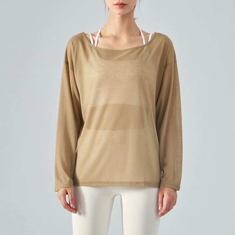 Yoga Yoga Clothes Women's Loose Long Sleeve Lightweight Quick drying Sports Workout Blouse Kaki Brown - Shop at LoveMi