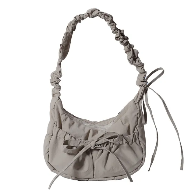 Temperament Wild Nylon Pleated Bow Girls' One shoulder Bag Khaki - Shop at LoveMi