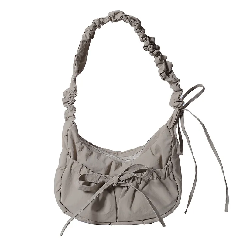 Temperament Wild Nylon Pleated Bow Girls' One-shoulder Bag - Khaki