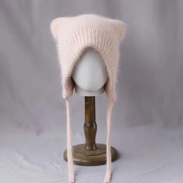 Winter High quality Warm And Cute Cat Ear Rabbit Fur Knitted Hat Meat Powder M - Shop at LoveMi