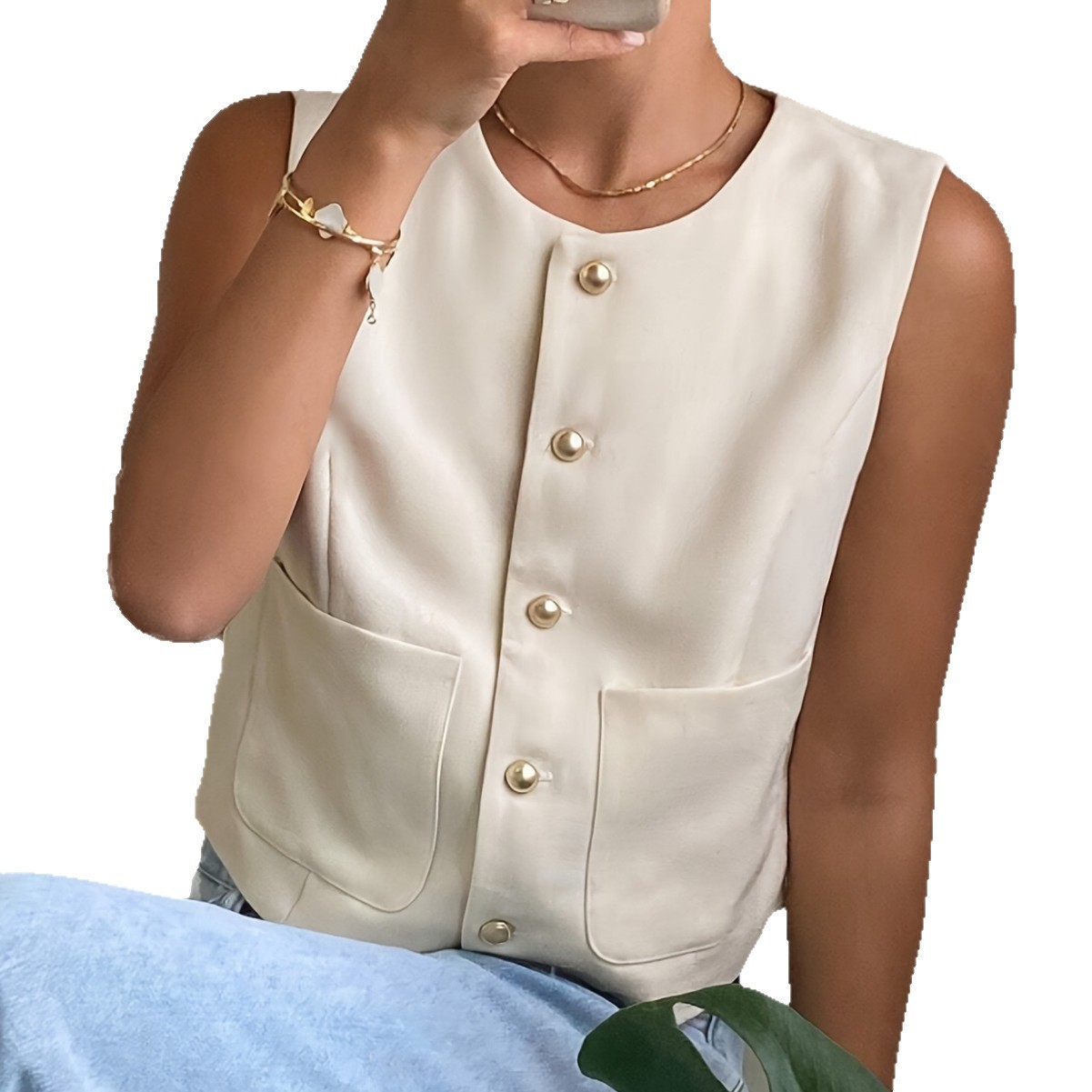 Button Sleeveless Waistcoat Top Summer Short