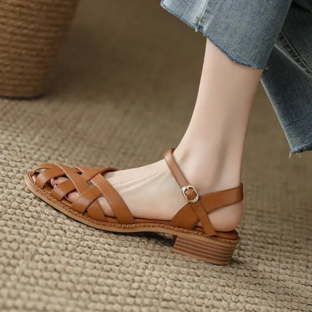 Female Flat Simplicity Word Strap Closed Toe Sandals Brown - Shop at LoveMi