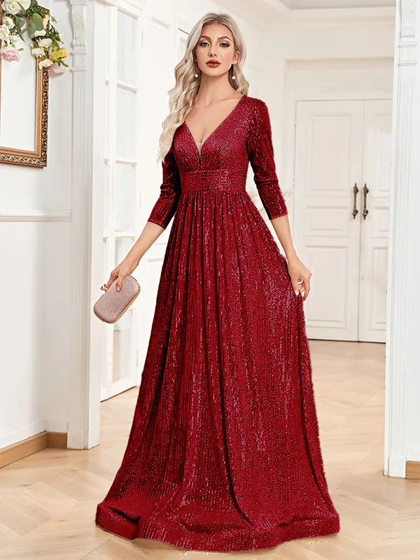 Sequined Fall V neck High Waist Party Formal Dress Wine Red - Shop at LoveMi