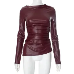 Women's Pleated Long-sleeved Leather Top - Red - View 1