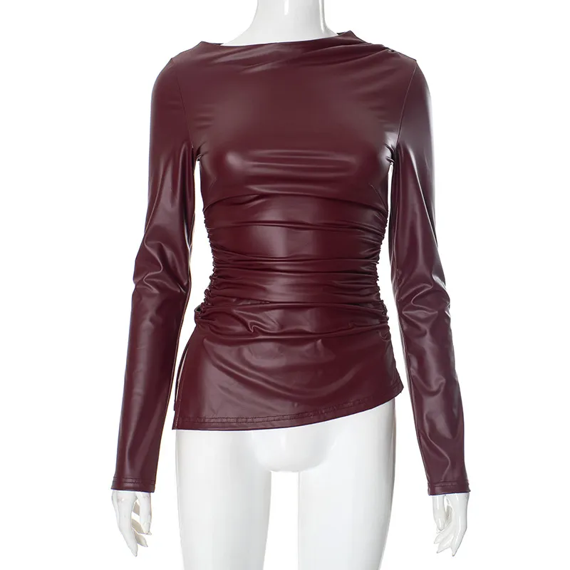 Women's Pleated Long-sleeved Leather Top - Red