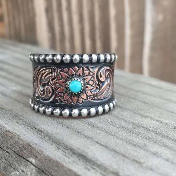 Two-tone Vintage Embossed Turquoise Copper Ring