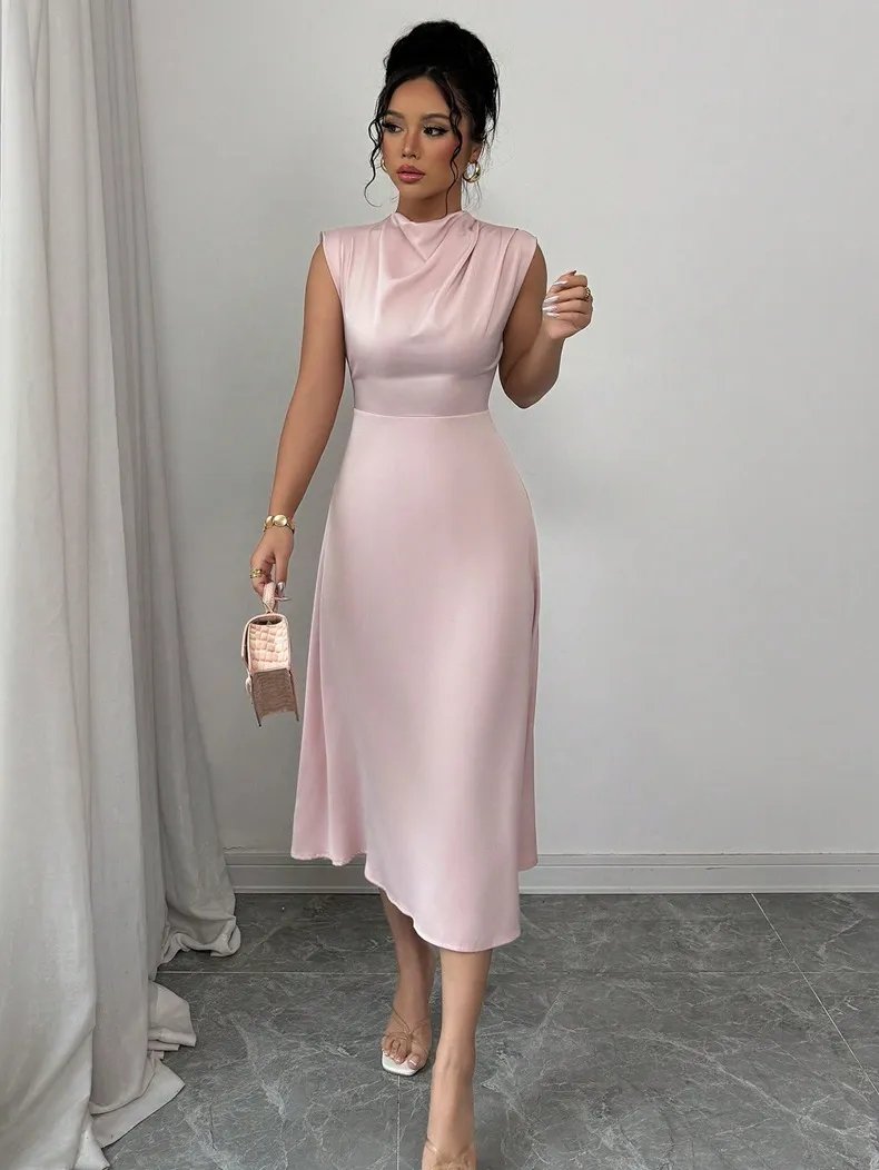Pleated Satin Midi A- Line Dress - Pink