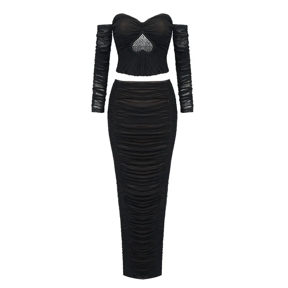 Women's Heavy Industry Heart-shaped Rhinestone Pleated Mesh French Dress