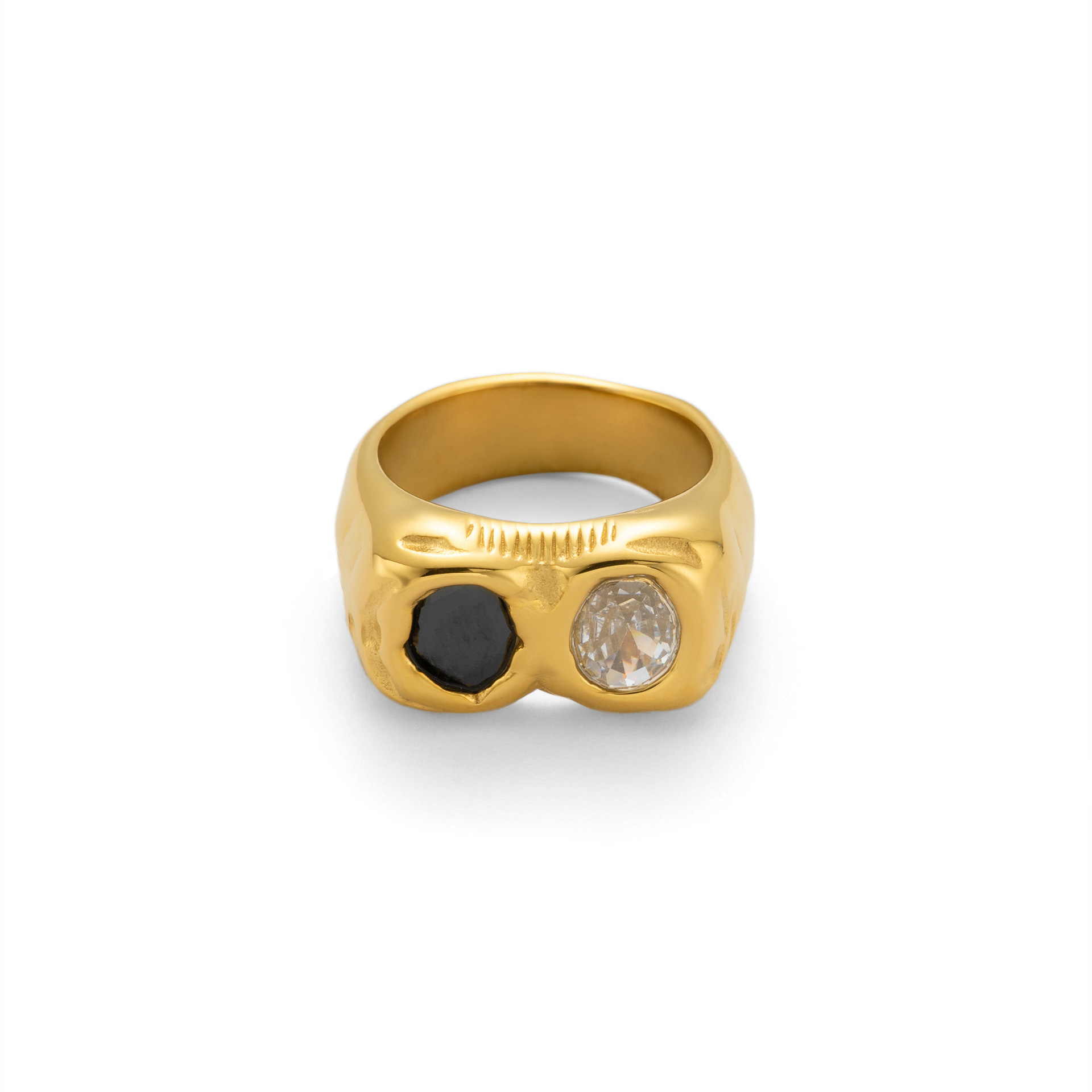European And American 18K Real Gold Plating INS Personalized Hip Hop Two-color Different Pupil Zircon Ring