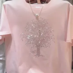 Combed Cotton Rhinestone Hot Fixed Short Sleeve T-shirt - Pink - View 1