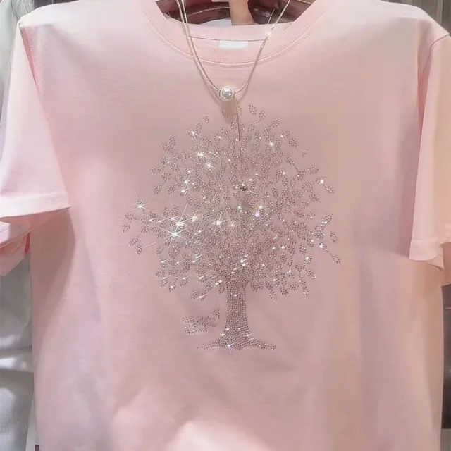 Combed Cotton Rhinestone Hot Fixed Short Sleeve T shirt Pink - Shop at LoveMi