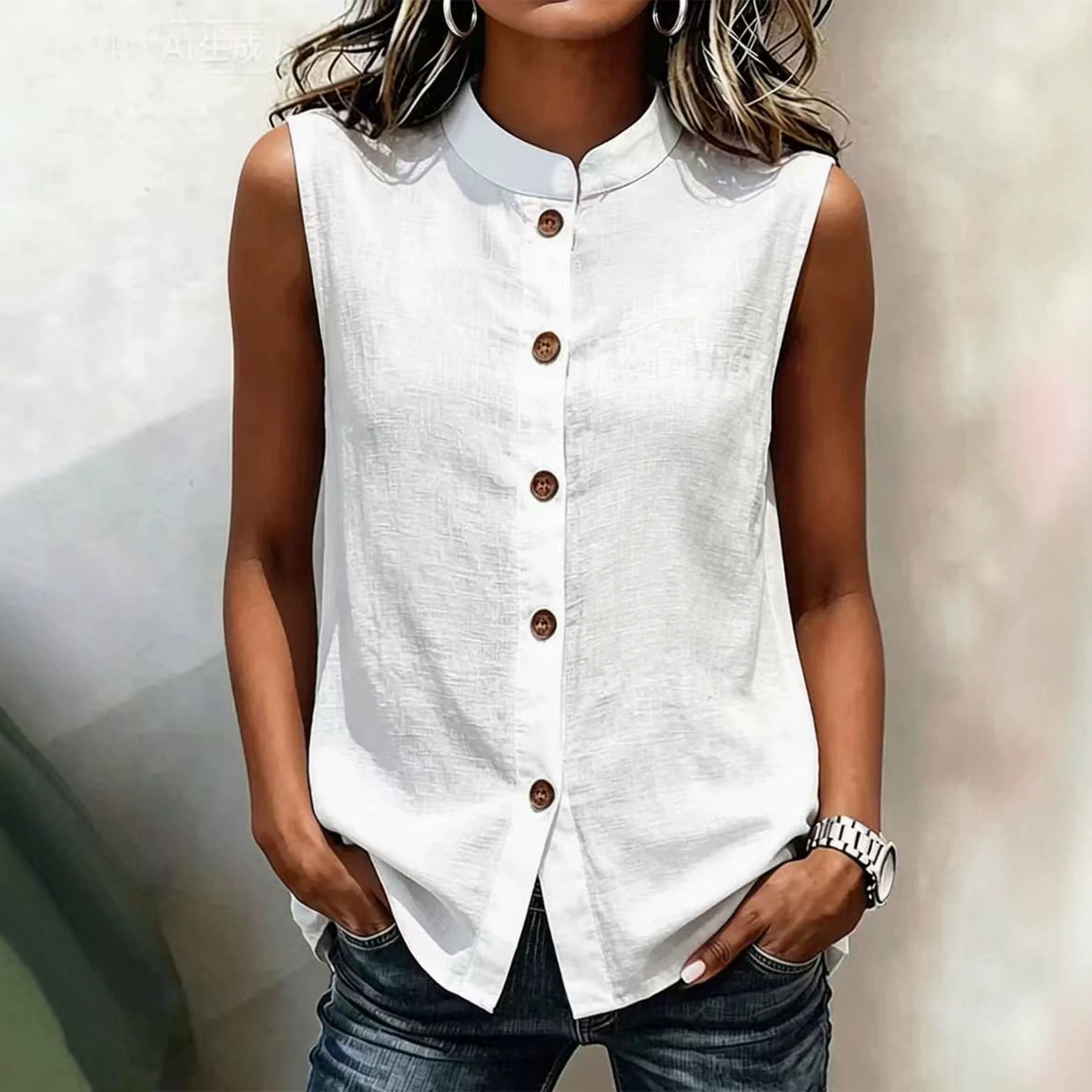 Womens Stand Collar Sleeveless Casual Button-Up Top
