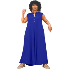 Women's Fashion Casual Button Jumpsuit Fat Woman - Blue - View 1