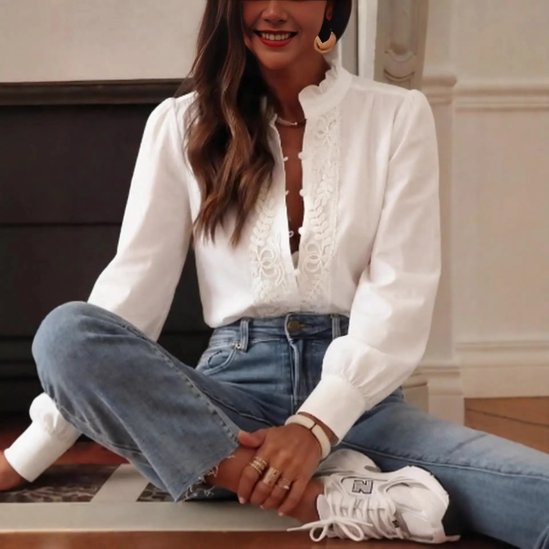 Women's V-Neck Floral Embroidered Shirt - Long Sleeve Single-Breasted Top