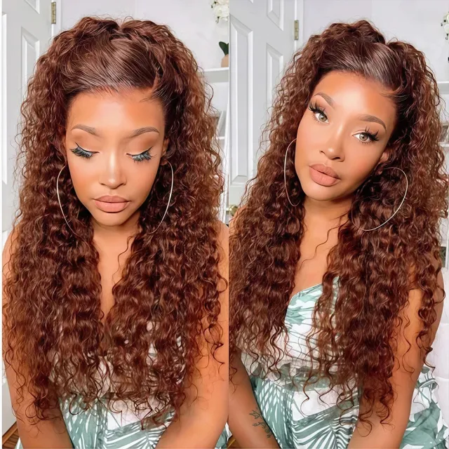 Reddish Brown Water Wave HD Lace Front Wig Human Hair 4X4 180 Density - Shop at LoveMi