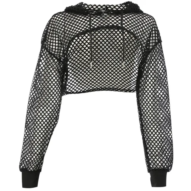 Solid Color Mesh Hollow Out Hooded Loose Smock Top Black - Shop at LoveMi