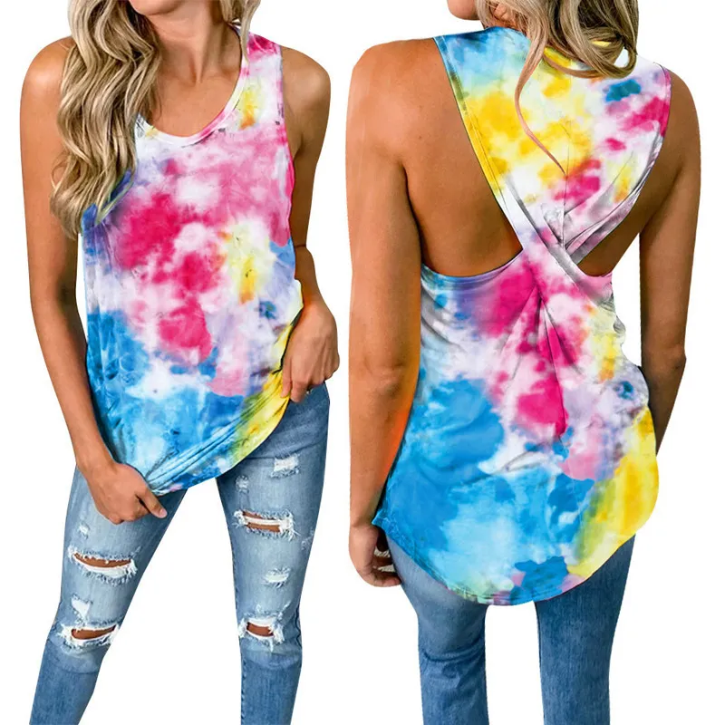 Round Neck Sleeveless Tie-dye Twist-knot Casual Women's Top - Red