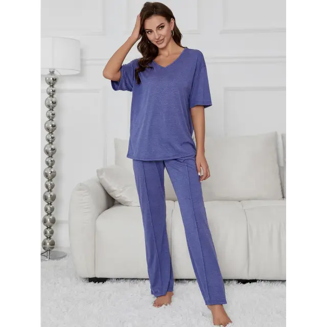 European And American Style Women Pajamas Spring And Summer Sports Leisure Short sleeved Trousers Two piece Set Zsm36Blue - Shop at LoveMi