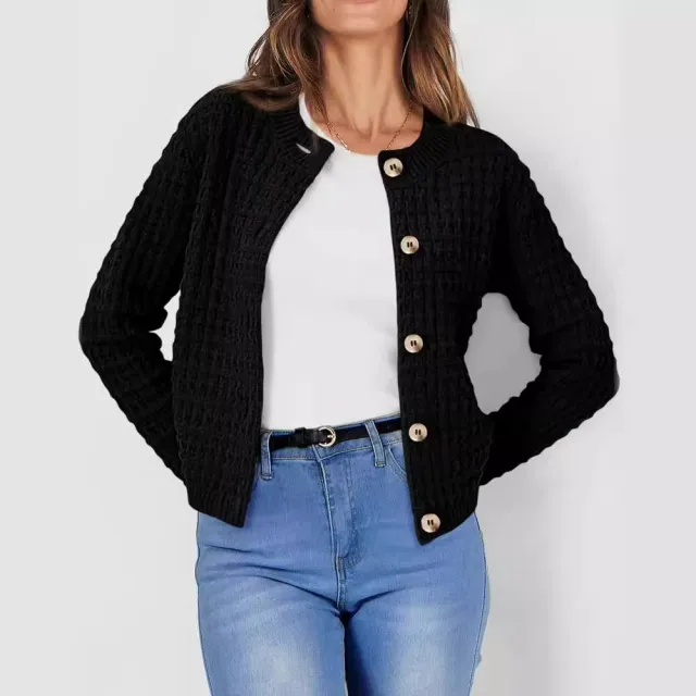 Women's Temperament Crew Neck Knitted Sweater Coat Black - Shop at LoveMi