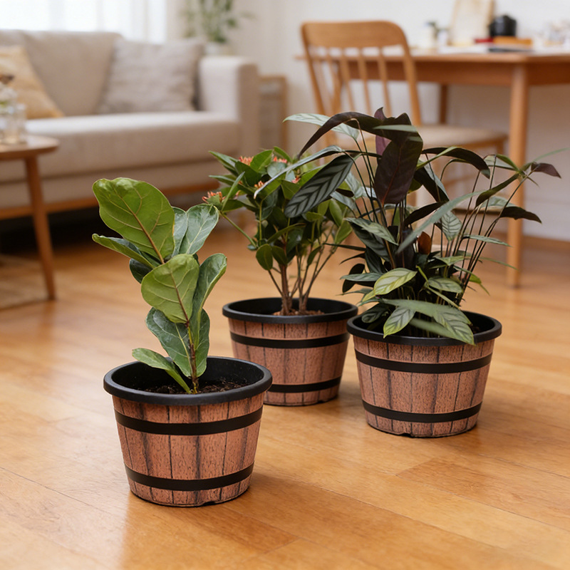 Retro Style Wooden Effect Plastic Flower Pot Decoration