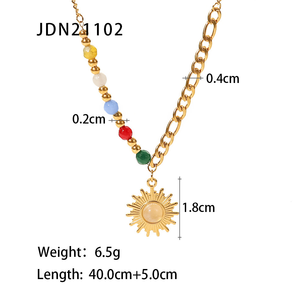18K Gold Natural Stone Opal Sun Pendant Color Stone Necklace