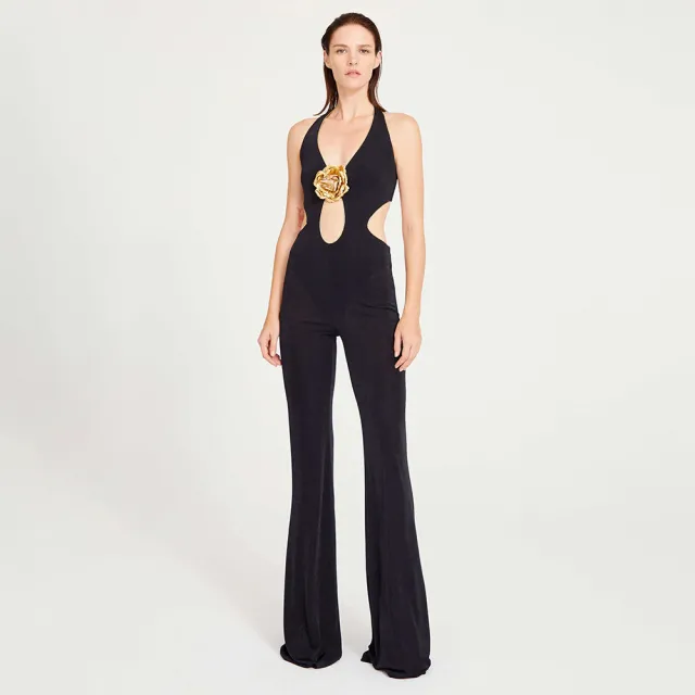 Halter Sexy Trousers Women's Jumpsuit Golden Flower Sleeveless Backless Black - Shop at LoveMi