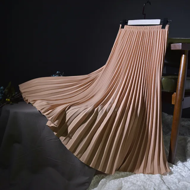 Solid Color High Waist Chiffon Handmade Crepe Pleated Skirt Milk Tea - Shop at LoveMi