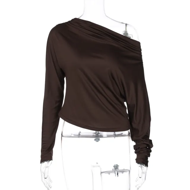 Women's Sexy Temperament Off the shoulder Slim fit Pleated Long sleeved Top Brown - Shop at LoveMi