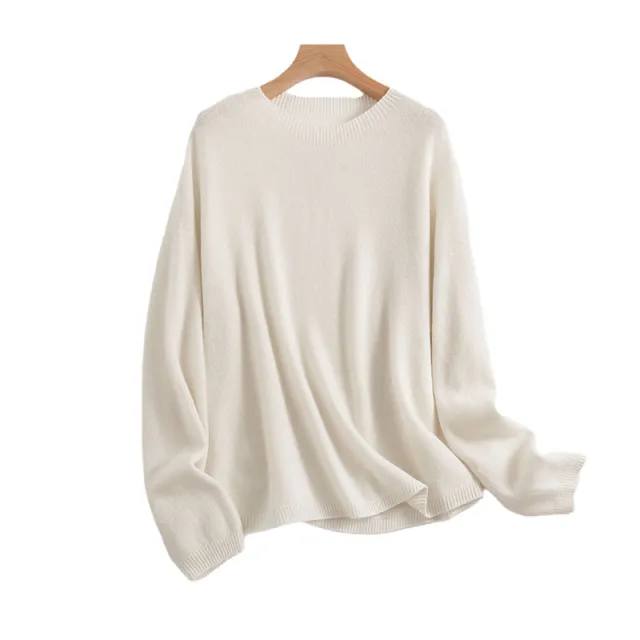 Women's Loose Slimming Round Neck Pure Wool Sweater Pearl White - Shop at LoveMi