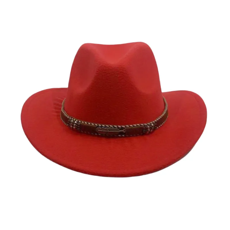 Curling Cowboy Hat Men's And Women's Leaf Belt Fur Felt Hat - Red