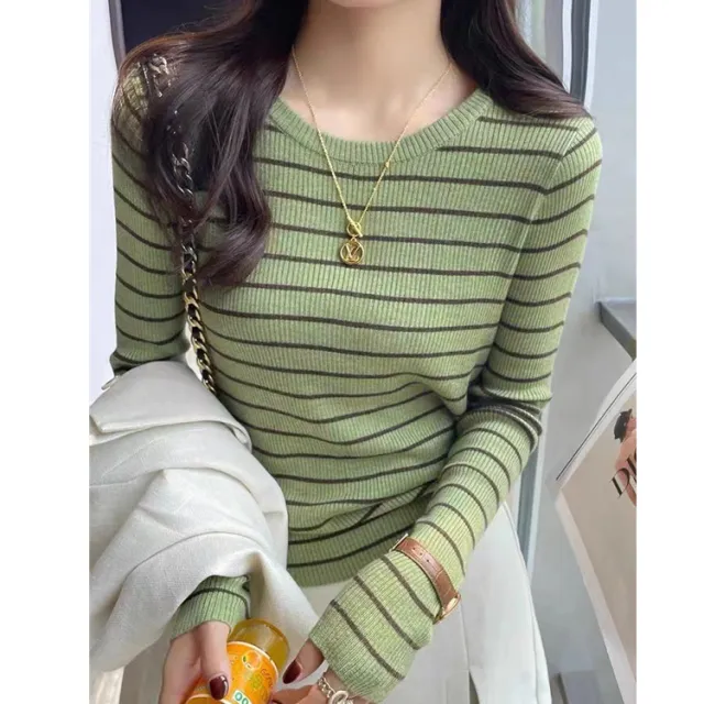 Striped Women's Round Neck Sweater Green - Shop at LoveMi