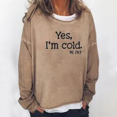 Women's Loose Round Neck Letter Jacket Sweater Coat - Khaki - View 1