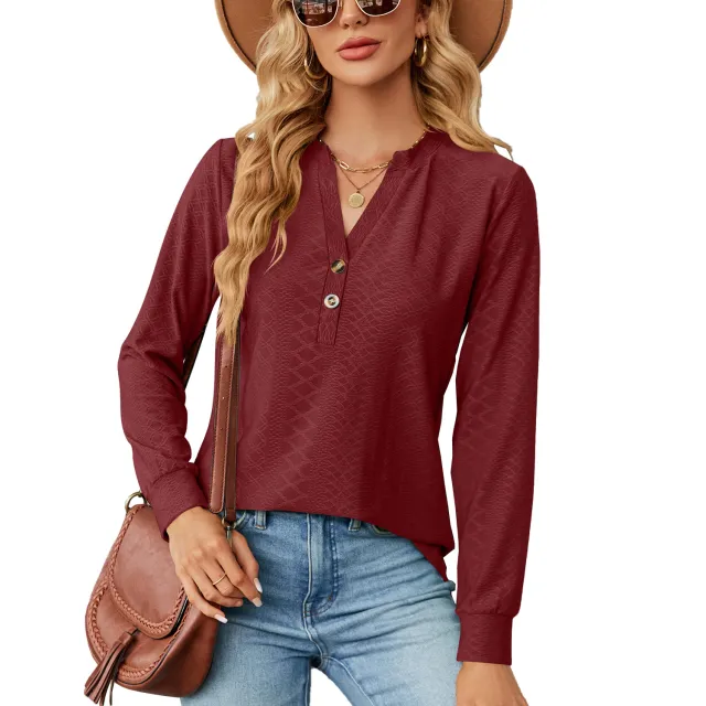 Solid Color And V neck Button Jacquard Loose Long Sleeve Top Red - Shop at LoveMi