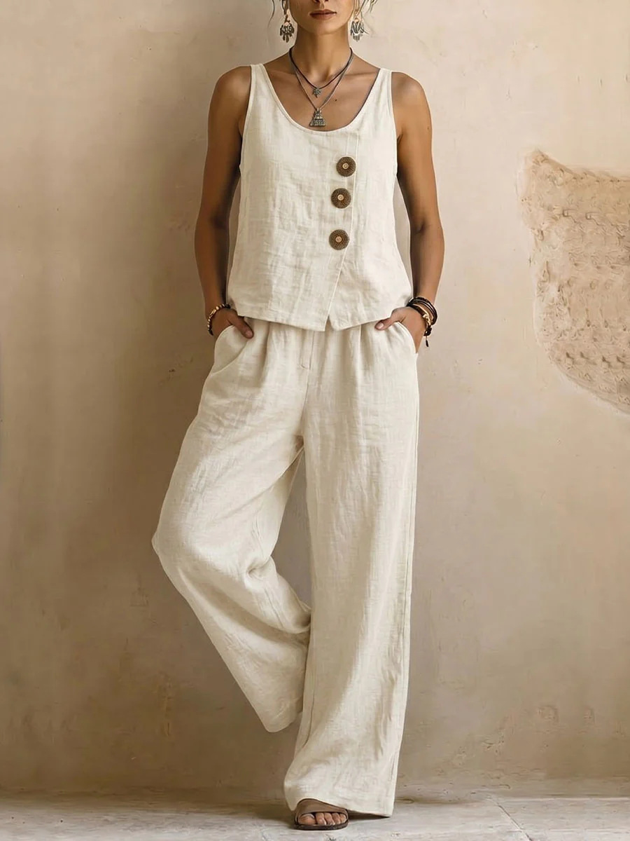 Women's sleeveless linen tank top and pants in khaki – relaxed casual everyday style