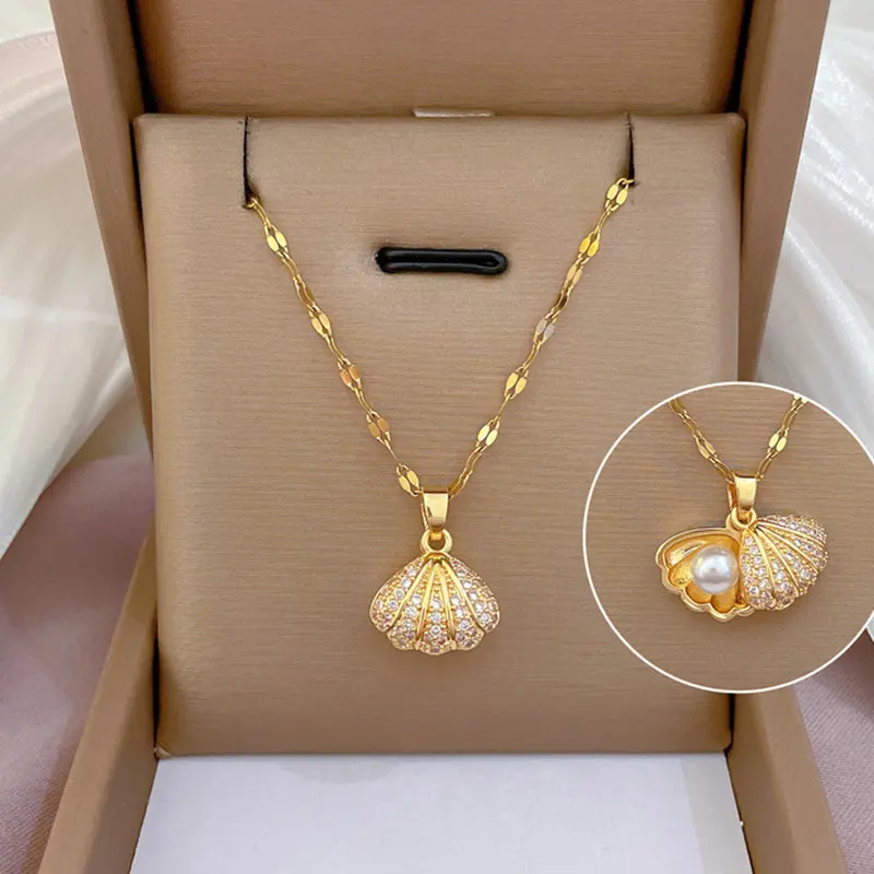 Shell Pearl Necklace with Rhinestones Female Zircon Temperament Personality