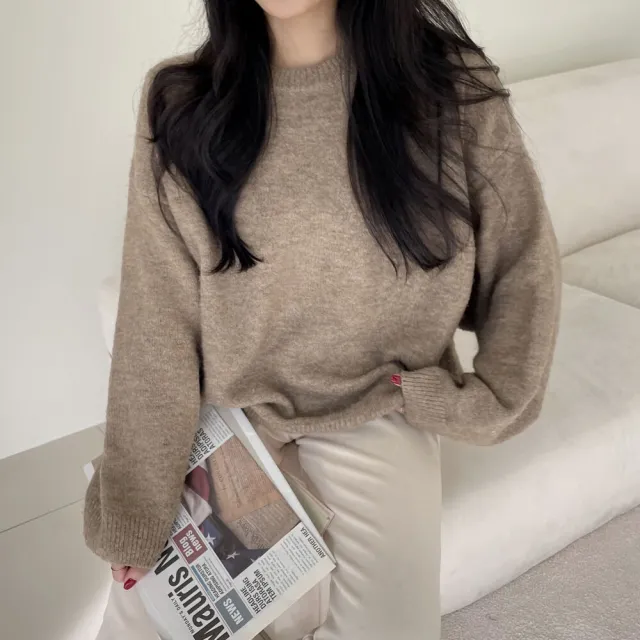 Korean Style Sweater Idle Style Casual Loose Solid Color Round Neck Sweater Khaki - Shop at LoveMi