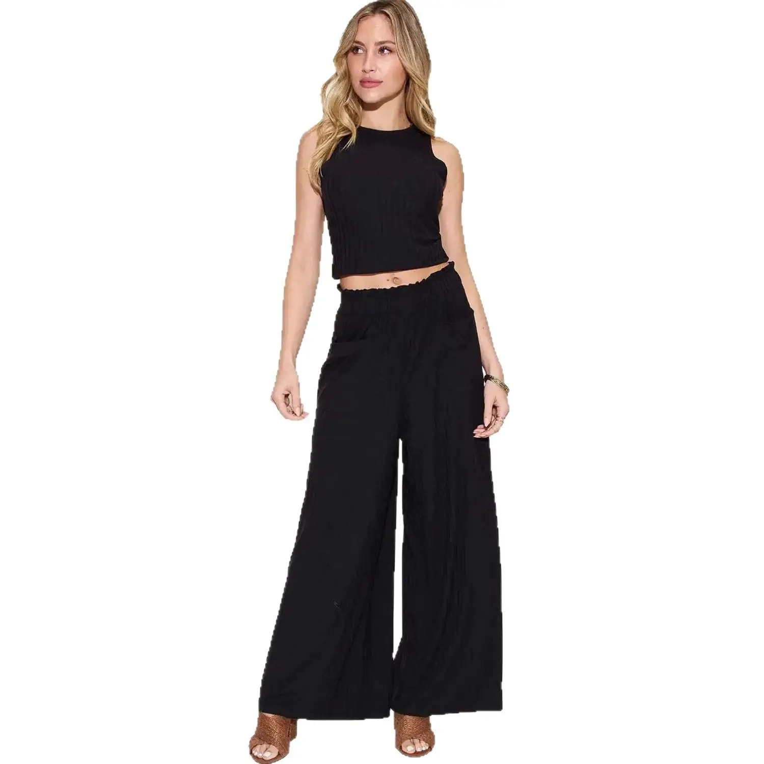 Fashionable Sleeveless Vest And Draped Wide-Leg Pants 2-Piece Set