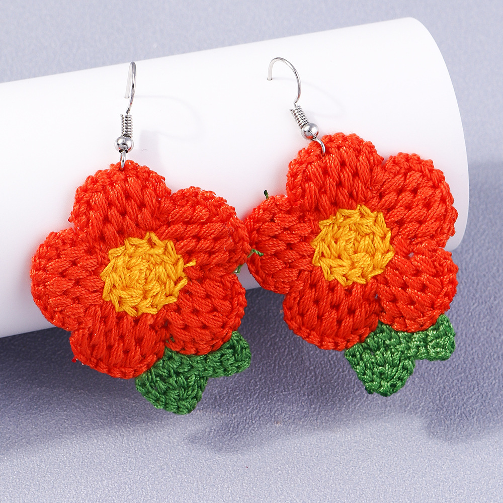 Minimalist Handwoven Knitted Flower Statement Earrings