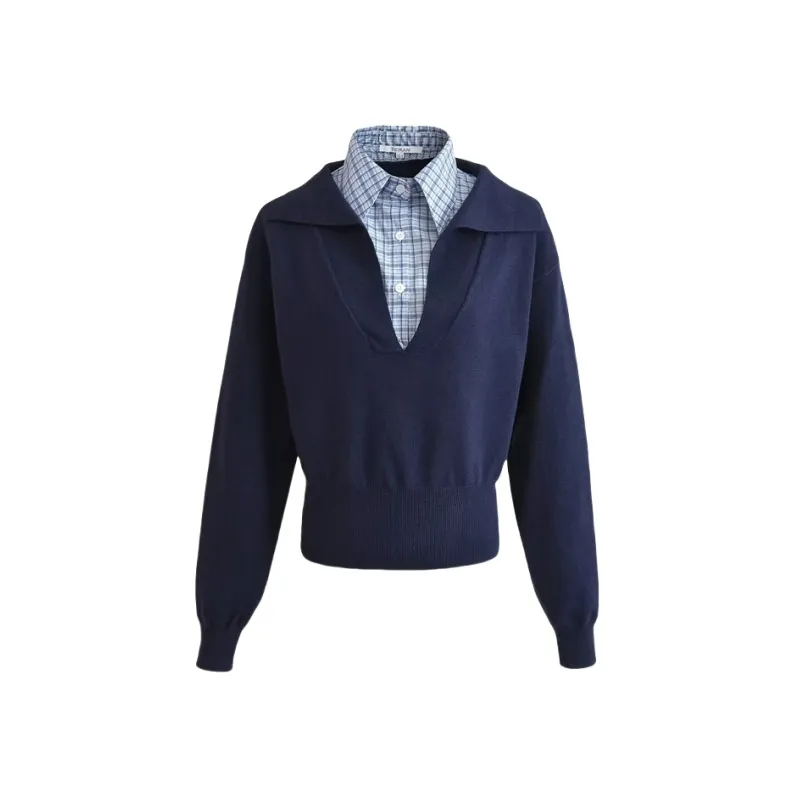 Women's American-style Retro Lapels Plaid Contrast Color Long-sleeved Sweater - Navy Blue