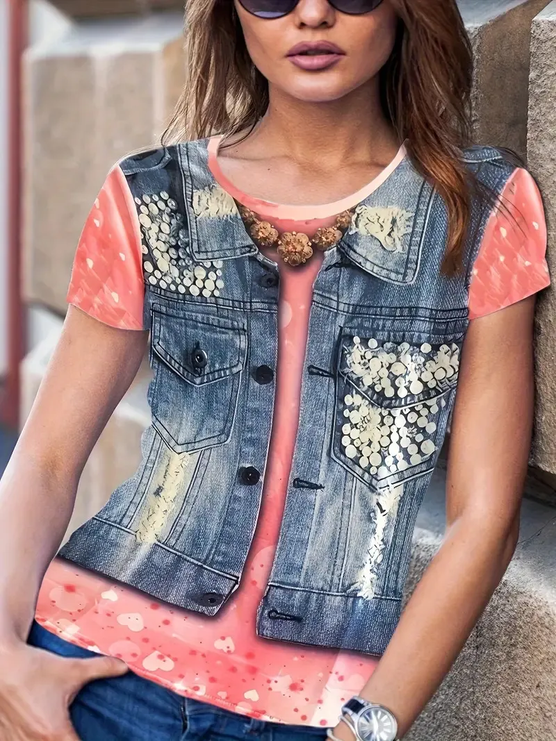 Summer Fake Denim Women's Short Sleeve - Me13Me13Zn241128Y038