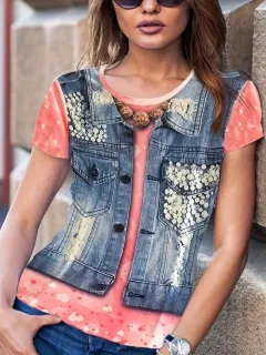 Summer Fake Denim Women's Short Sleeve - Me13Me13Zn241128Y038 - View 1