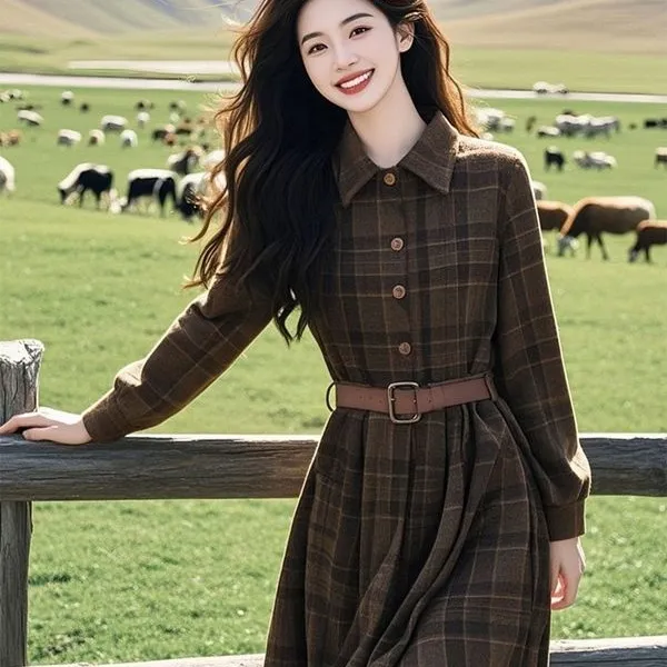 Fashion Temperament Thickening Coffee Color Inner Wear Dress Plaid Dress - Shop at LoveMi