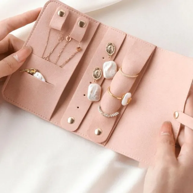 Earring Ring Ear Stud Necklace Watch Pouch Microfiber PU Leather Jewelry Bag Pink - Shop at LoveMi