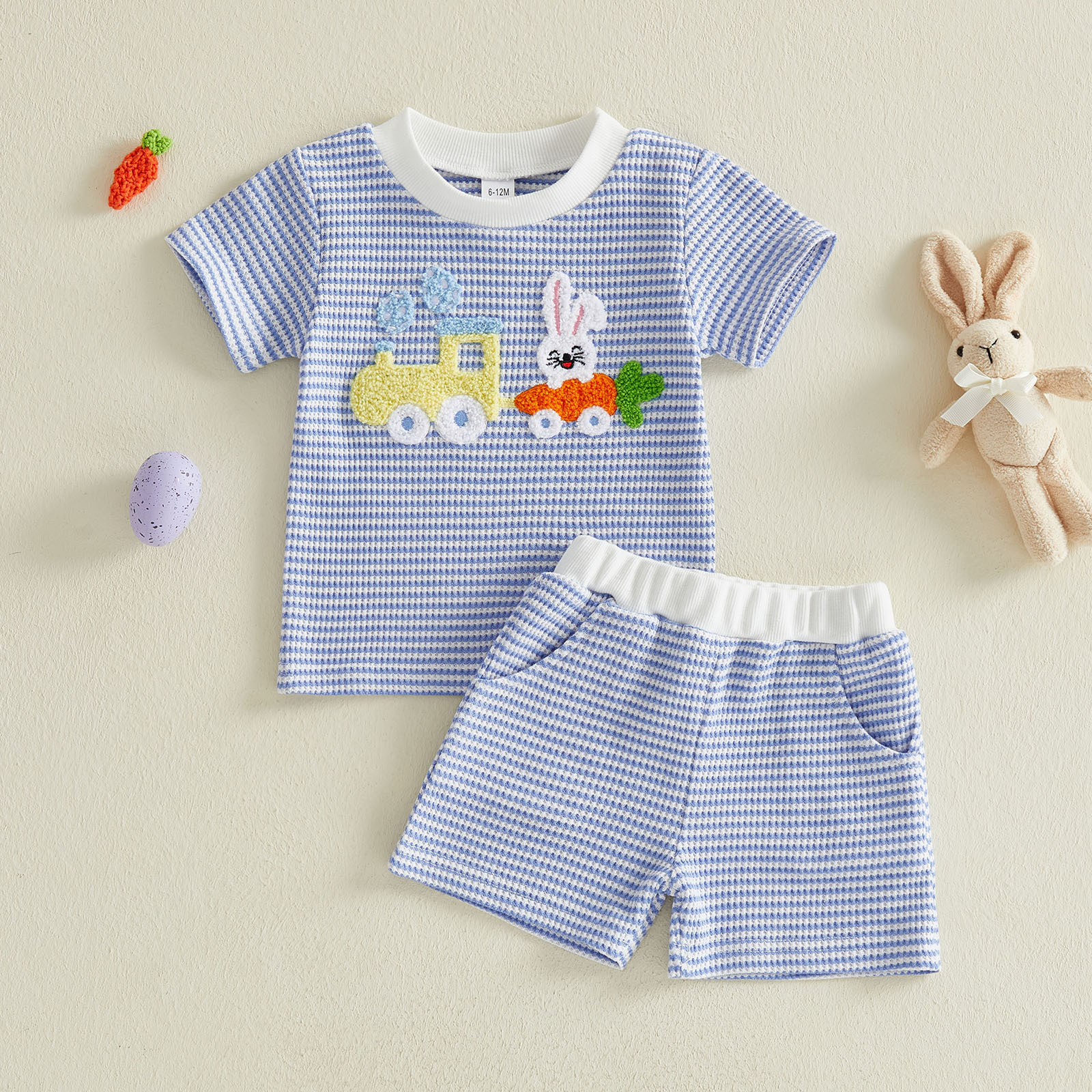 Rabbit Embroidered Waffle-Knit Short-Sleeve Top And Shorts Two-Piece Set