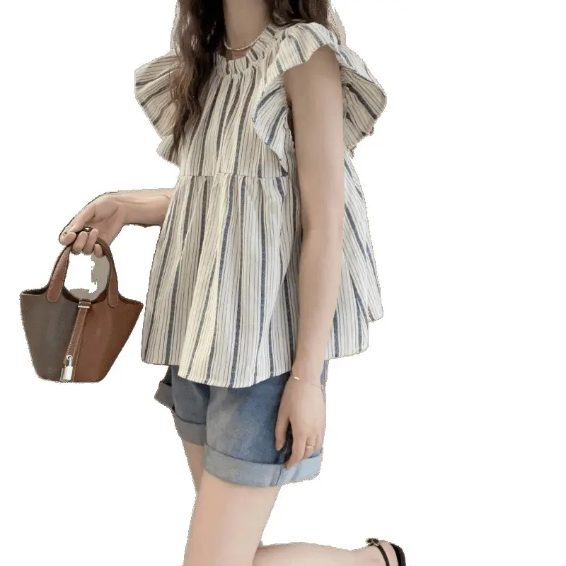 Vertical Stripe Ruffle Sleeve Top - Women's Korean Style Loose Fit Flattering Shirt
