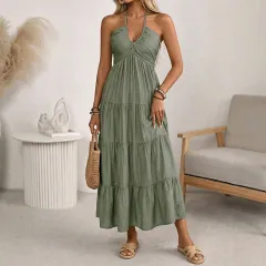 Loose-fitting, Neck-hanging Vacation-style Maxi Dress - Green - View 1