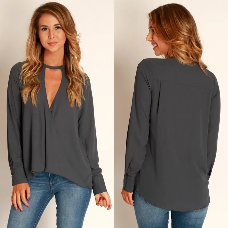 European And American Fashion Deep V-neck Halter Top Women's Long-sleeved Chiffon Shirt - Dark Grey
